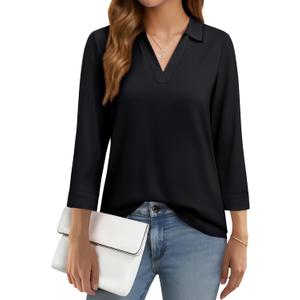 YUCOLEN 3/4 Sleeve Tunic Tops for Women V Neck Collared Shirts Chiffon Work Blouses Dressy Casual S-XXL (Black, XXXL)