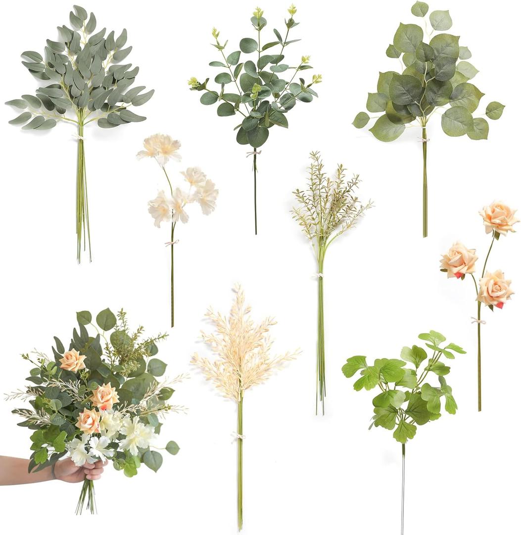 Artificial Greenery Stems Box Set, 49pcs with 8 Kinds of Faux Greenery Flowers Picks for DIY Bridal Bouquets Filler Wedding Floral Arrangement Table Centerpieces(Champagne & Green)