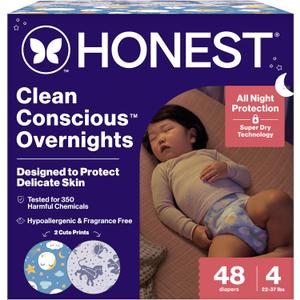 The Honest Company Comfort Dry Disposable Overnight Diapers for Sensitive Skin, Hypoallergenic, Baby Cozy Cloud and Star Signs Design Club Box Size 4 (22–37 lbs) 48 Count
