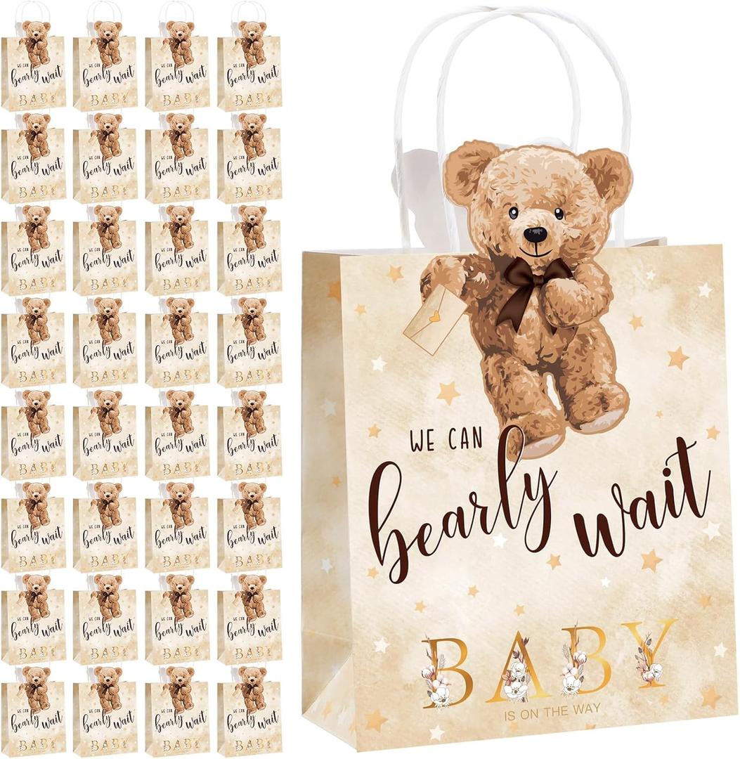 Tinlade 32 Pcs Bear Baby Shower Bags We Can Bearly Wait Goodie Bags with Handles 5.9x2.8x7.1 In Baby Shower Favor Decorations for Guests Presents Supplies