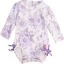 RuffleButts Baby Girls UPF 50+ Sun Protection Floral Printed Long Sleeve One Piece Rash Guard Swimsuit with Zipper (2T, Wisteria Purple Butterfly Garden)
