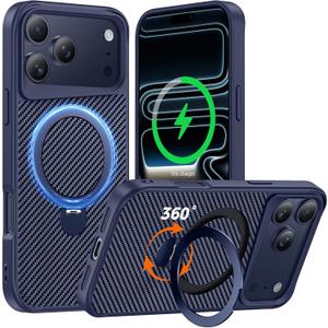 Designed for iPhone 17 Pro Case with 360 Magnetic Stand, Carbon Fiber Phone Case [Compatible with Magsafe] [15FT Military Protection] with Stand Ring 6.3'', Deep Blue