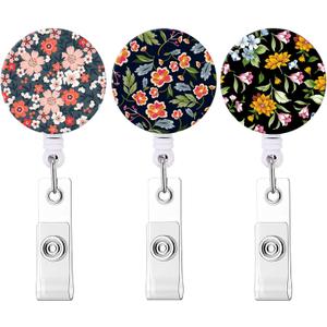 Badge Reel Retractable Nurse Badge Holder Cute Name Decorative Badge Reels with Clip on ID Card Holders (3 Pack Flowers B)
