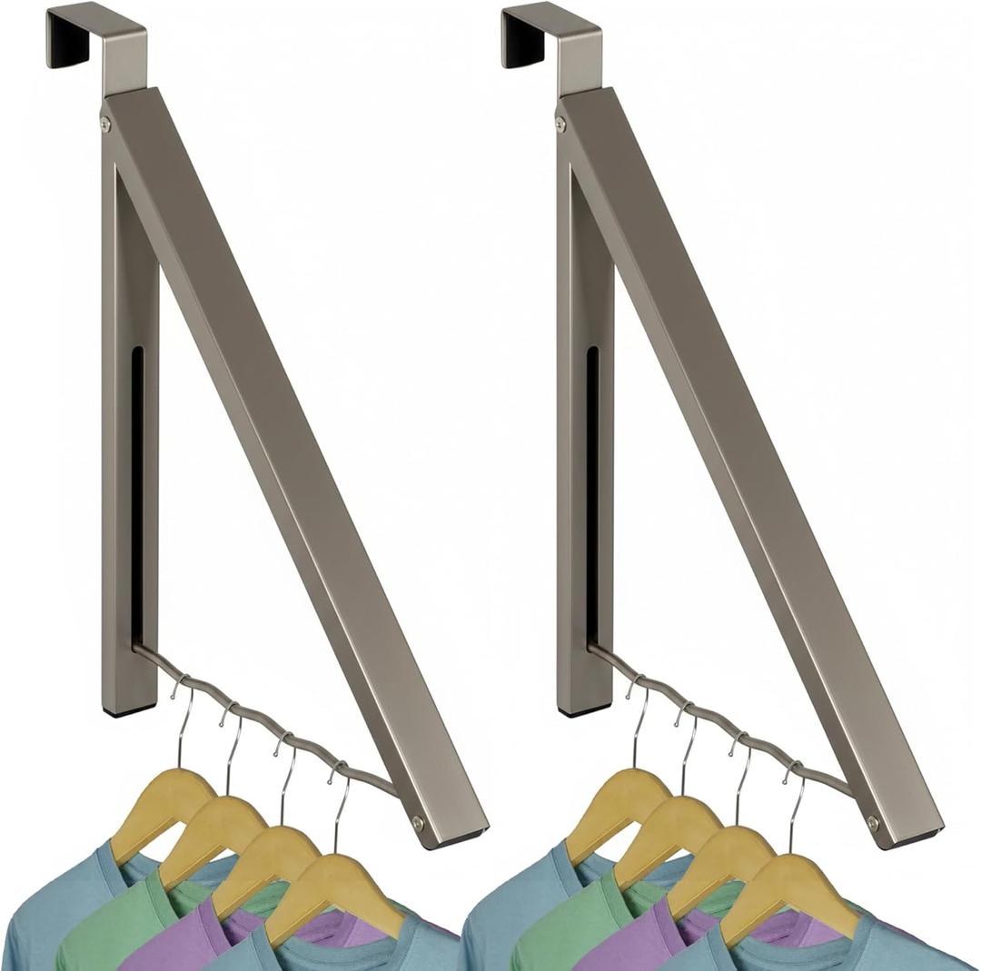 HOLDN STORAGE Over The Door Hanger - Single Foldable Rack Organizer for Hanging Clothes, Coats & Towels, Ideal for Dorm Rooms, Laundry, Bathrooms, Etc - Holds up to 20 LBs - Satin Nickel (2 Pack)