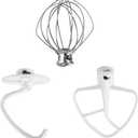 Stand Mixer Attachments 3-Piece Kit -Replace for Kitchen aid Accessories K45WW Wire Whip/ K45DH Dough Hook /K45B Coated Flat Blade Paddle with Scraper -Stainless Steel by TOMOON