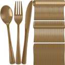 300 Pcs Plastic Silverware Heavy Duty Cutlery Set Plastic Utensils Set Includes 100 Disposable Spoons 100 Forks Knives for Parties Catering Family Gathering(Gold)