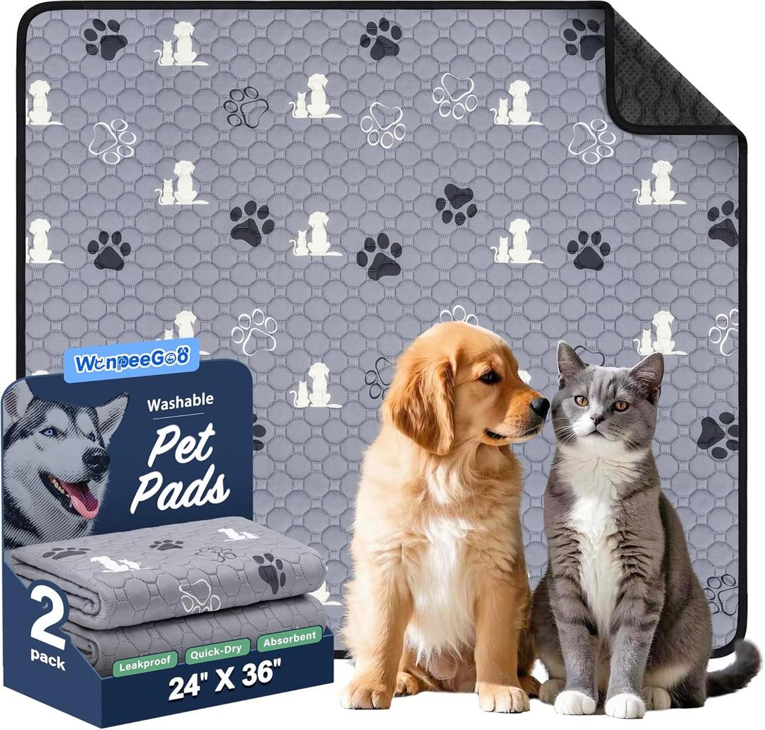 WanpeeGoo Washable Pee Pads for Dogs Mat, 2 Pack Absorbent Reusable Training Dog Pads Pet Puppy Pads, Non-Slip Potty Pads for Whelping, Playpen, Crate, Bed, Grey 24"x36" (Gray)