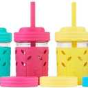 Elk and Friends Kids + Toddler Glass Cups | The Original 8oz Glass Mason Jar with Sleeves + Lids | Silicone Straws + Stopper | Smoothie Cup | Food Storage | Spill Resistant | Dishwasher Safe | 4 Pack (Pink/Teal/Blue/Yellow)