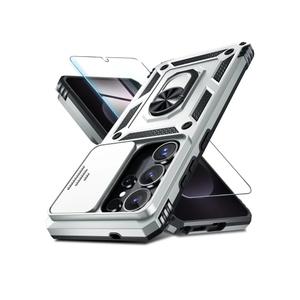 Built in Slide Camera Lens Cover+Screen Protector+Finger Ring Holder Kickstand,Heavy Duty Shockproof Full Body Phone Cover,2026 Silver