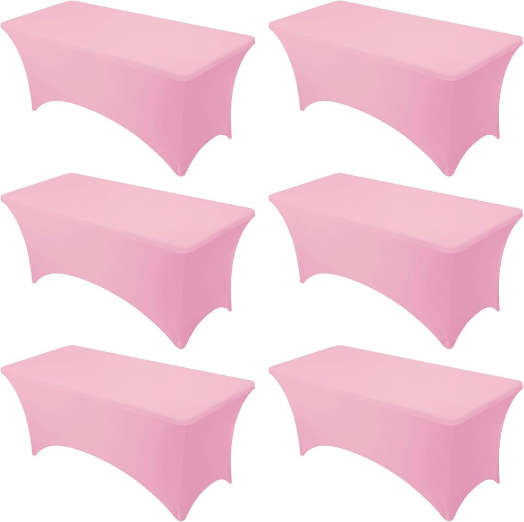 6-Pack Premium Pink Spandex Tablecloths for 6ft Rectangle Tables, Stain & Wrinkle-Resistant, Washable Stretch Polyester Fitted Table Cover for Weddings, Banquets, Trade Shows Events