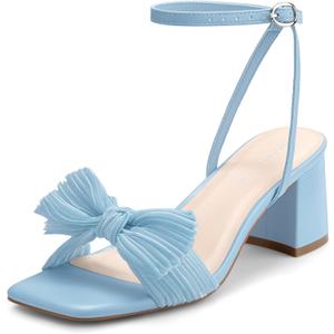 Women's Bow Knot Low Block Chunky Heeled Sandals Square Open Toe Ankle Buckle Strap Bride Wedding Party Shoes, 7