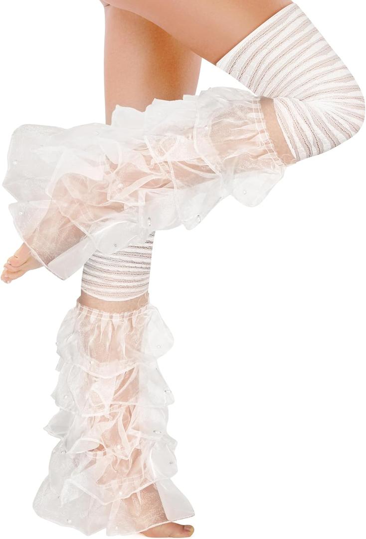 Benefeet Sox Women Lace Leg Warmers with Pearls Girls Cute Mesh Ruffle Thigh Highs Lolita Y2k Fashion Slouch Long Boot Socks (White Pearls Lace Ruffle)