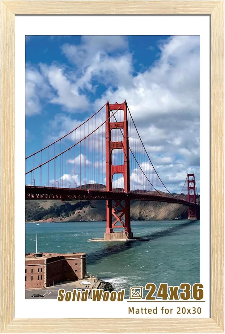 LUCKYLIFE 24x36 Frame Natural Wood, Display 20x30 with Mat or 16x24 Without Mat, Wall Hanging Poster Frames with Plexiglass Sheets, 1 Pack, Natural