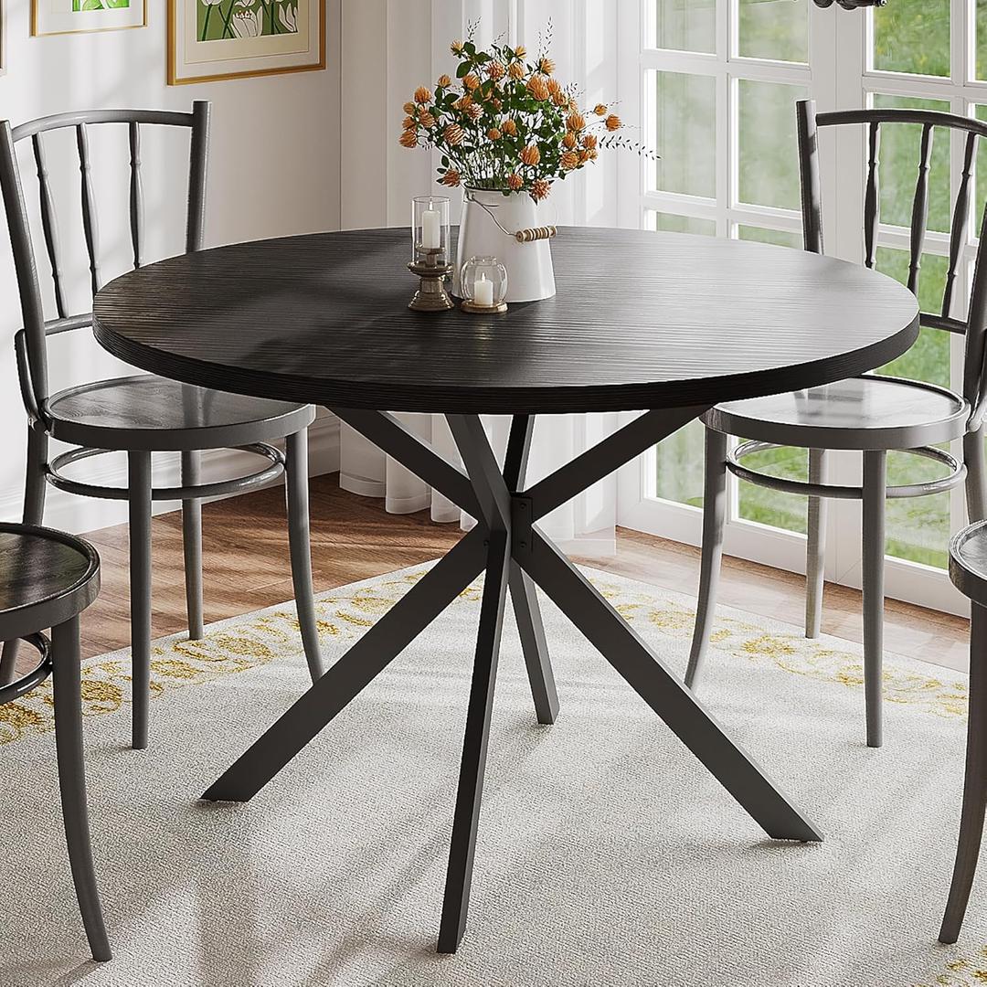 ChooChoo 47.2 Inch Round Dining Table for 4, Farmhouse Wood Kitchen Table, Circle Dinner Table for Kitchen & Dining Room, Black
