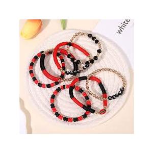Game Day Bracelets for Women Football Bracelets Red Black Orange Heishi Clay Beaded Stretch Bracelets Stackable Sport Fan Bracelet Bangles Football Team Mom Accessories Outfits Jewelry