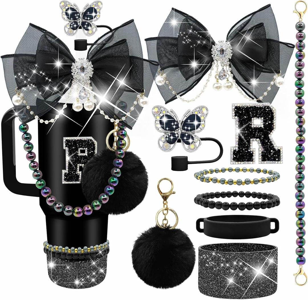 Letter Stickers Bling Accessories Set for Stanley 40/30/20 oz Tumbler: Bow Straw Topper, Charms, Butterfly Cap, Pearl Strap, Silicone Boot, Accessories for Stanley Quencher H2.0