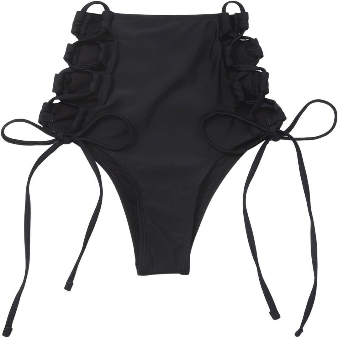 OYOANGLE Women's Tie Side Bikini Bottoms Lace Up High Waisted Bathing Suit Bottom (Medium, Black)