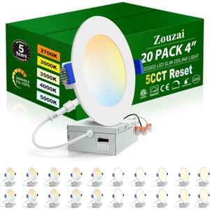 zouzai 20 Pack 4 Inch Ultra-Thin LED Recessed Ceiling Light with Junction Box 5CCT Adjustable Dimmable Can-Killer Downlight - ETL and Energy Star Certified