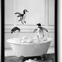 Framed Bathroom Decor Wall Art, Black and White Bathroom Decor, Funny Wall Decoration Animal Penguin in Bathtub, Cute Animal Wall Art for Kid's Room (Framed,11''x14'')