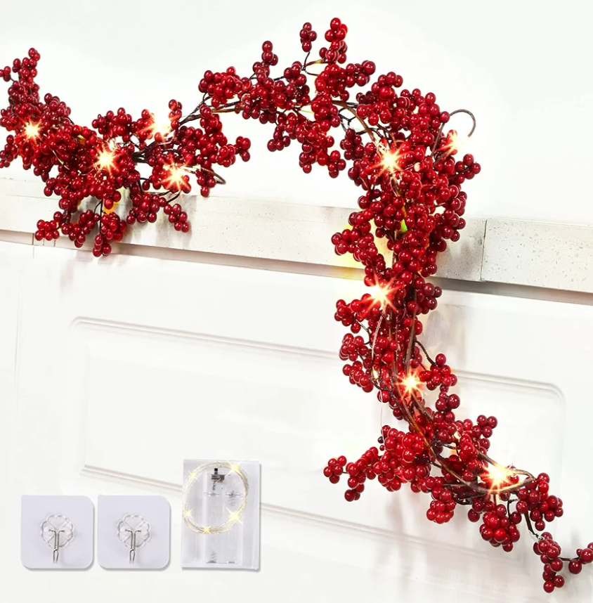 Sggvecsy Red Berry Garland Lighted Burgundy Berry Christmas Garland Artificial 6Ft for Christmas Winter Holiday Fireplace Mantel Table New Year Indoor Outdoor Decoration