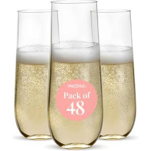 Prestee 48 Pack Plastic Champagne Flutes 9 oz - Stemless Disposable Champagne Flutes for Cocktails Mimosa Bar and Party Supplies - Clear Shatterproof Plastic Wine Glasses for Wedding and Summer Party