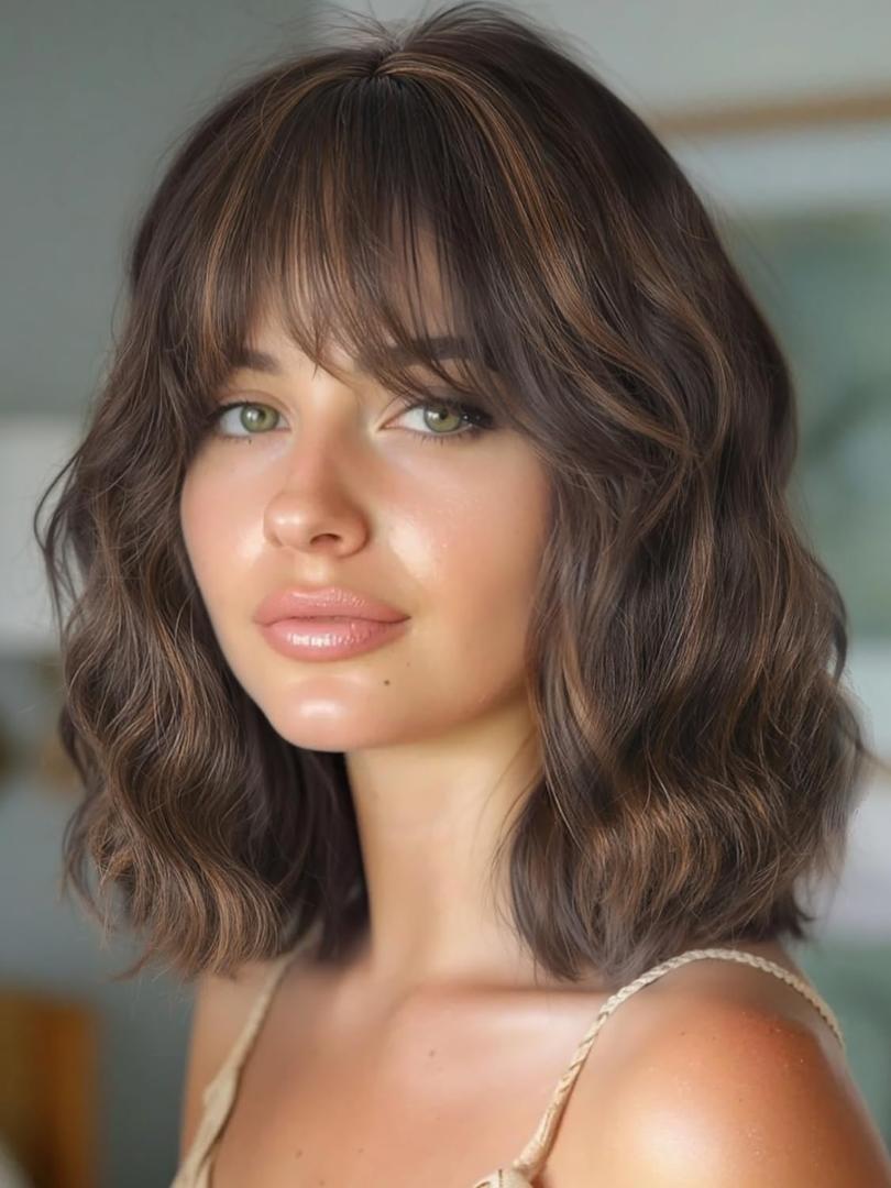 WIGER Short Brown Highlight Wave Hair with Bangs Synthetic Bob Curly Wigs Mixed Brown Wavy Wig for Young and Middle-aged Women Daily or Cosplay Use