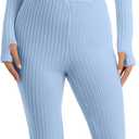 Womens 2 Piece Ribbed Knit Lounge Set Zip Up Crop Top High Waisted Flare Pants Cozy Fall Winter Matching Outfits (Large, Pink)