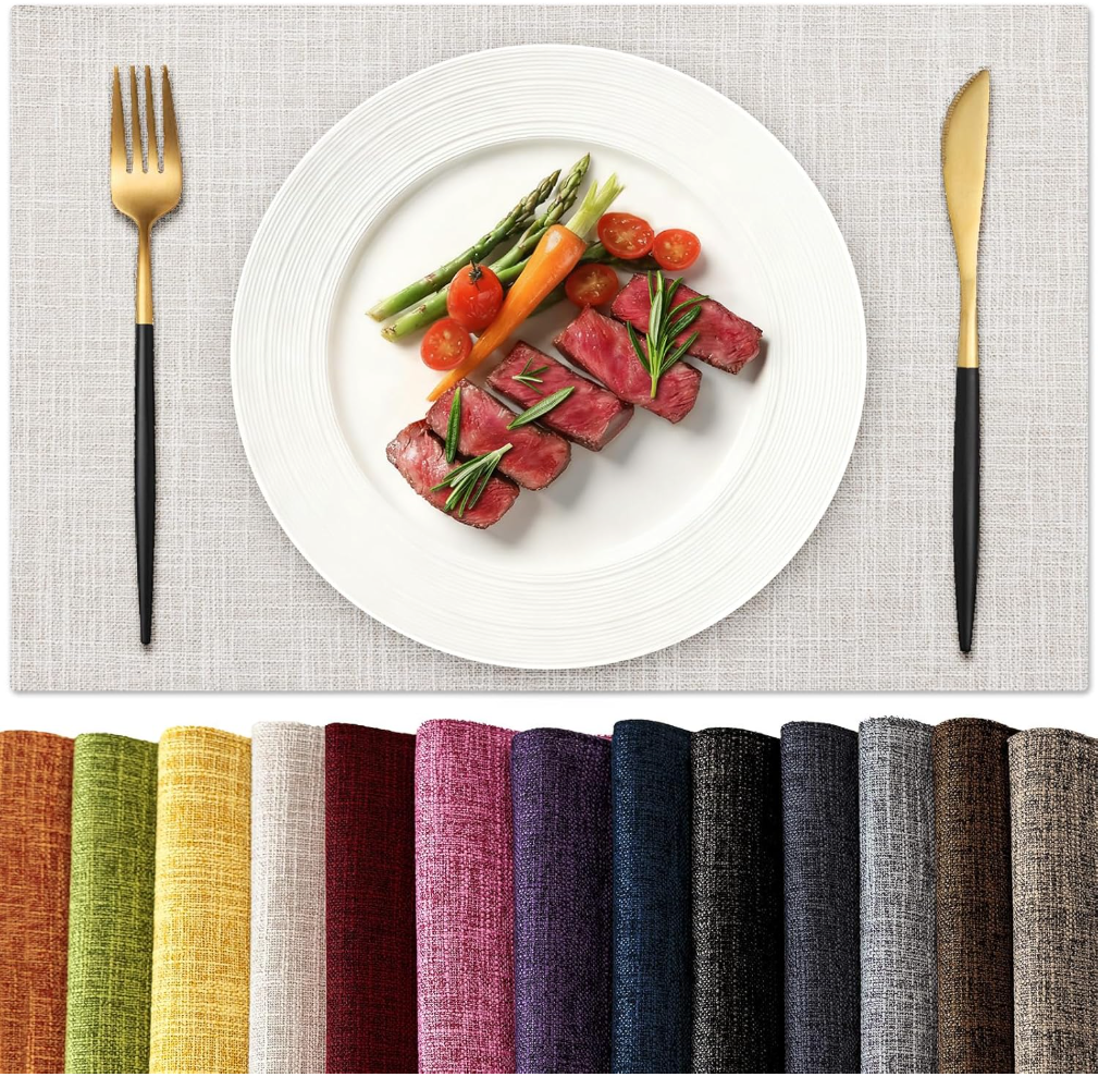 KXN Placemats Set of 4, Dual-Layer Thickened Faux Linen Table Mats, Heat Resistant & Wrinkle-Free, Machine Washable Cloth Place Mats for Kitchen Dining Indoor Outdoor (Cream)