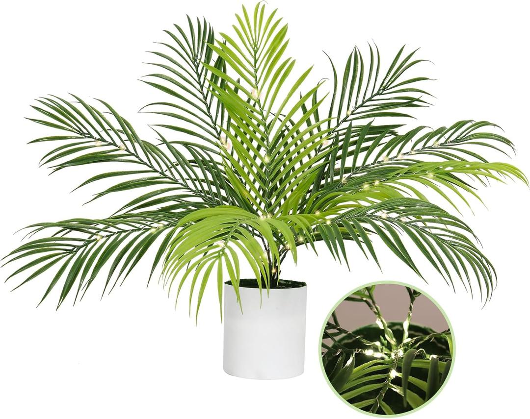 RECUTMS Fake Plants Tall 19In Artificial Tropical Palm Tree Potted with Light Faux Monstera Greenery Plants in White Pot for Indoor Outdoor Home Office Living Room Bedroom Desk Balcony Farmhouse Decor