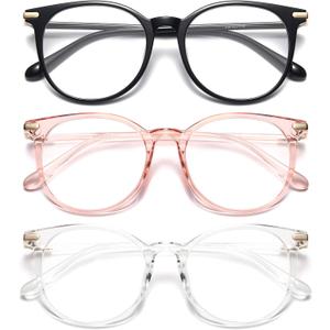 Gaoye 3 Pack Blue Light Blocking Glasses, Retro Round Eyewear Frame Anti Eyestrain Computer Glasses for Women Men - GY1688 (Black+Pink+Transparent)