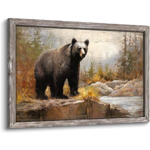 Bear Painting Framed Wall Art: Woodland Wildlife Picture Rustic Wild Animal Prints Farmhouse Wooden Artwork for Lodge Cabin Decor (16"L x 12"W)