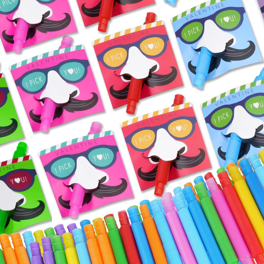 2 x Valentines Day Gifts for Kids 24 Sets Nose Picking Valentines Cards with Pop Tubes Valentines Exchange Cards Classroom Favors for Boys Girls School Class Preschool