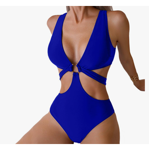 Women's Deep V Neck One Piece Swimsuit O-Ring Swimwear Sexy Cut Out Bathing Suit, Size XS