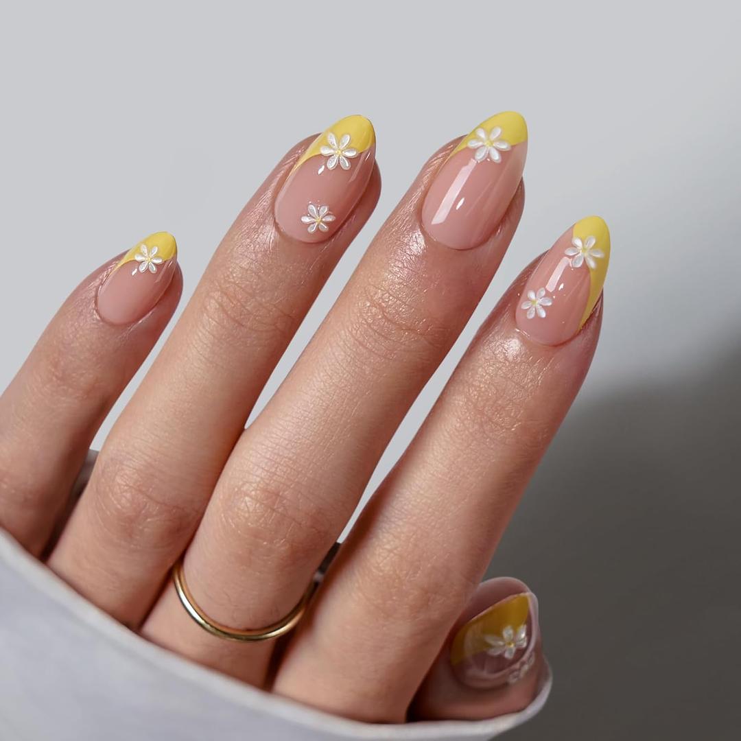 BTArtbox French Tip Press On Nails - Lamp-Curable Short Almond Press On Nails with Glue for Women, Semi-Transparent Soft Gel Glue On Nails in 16 Sizes - 32 Stick On Nails Kit, Daisy