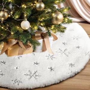 MACTING Faux Fur Christmas Tree Skirt with Silver Sequin Snowflakes 30 Inch White Plush Skirt Fluffy Soft Double Layer Small Tree Mat Base Cover for Merry Christmas Party Holiday Xmas Tree Decorations