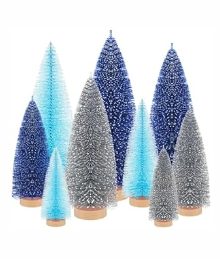 Leyndo 9 Pcs Pink Classic Artificial Mini Christmas Tree Sisal Bottle Brush Trees with Wood Base Christmas Pine Trees for Autumn Winter Holiday Home Kitchen Party Decor