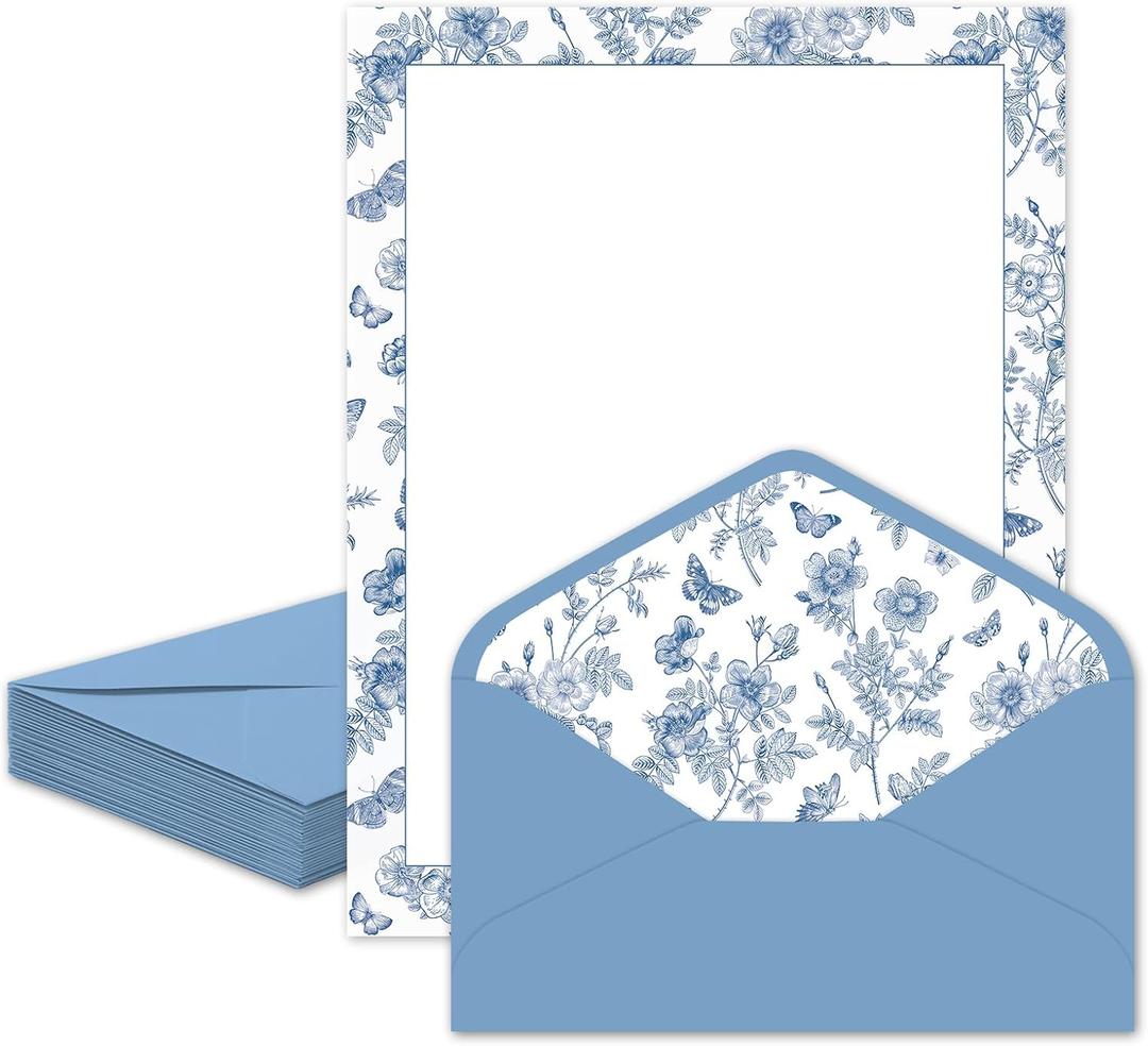 Whaline 30 Pcs Blue Floral Stationery Set with Envelopes Stickers Flower Butterfly Letterhead Letter Writing Paper and Envelopes for Wedding Birthday Party Invitation Office Printing, 8.5 x 11 Inch