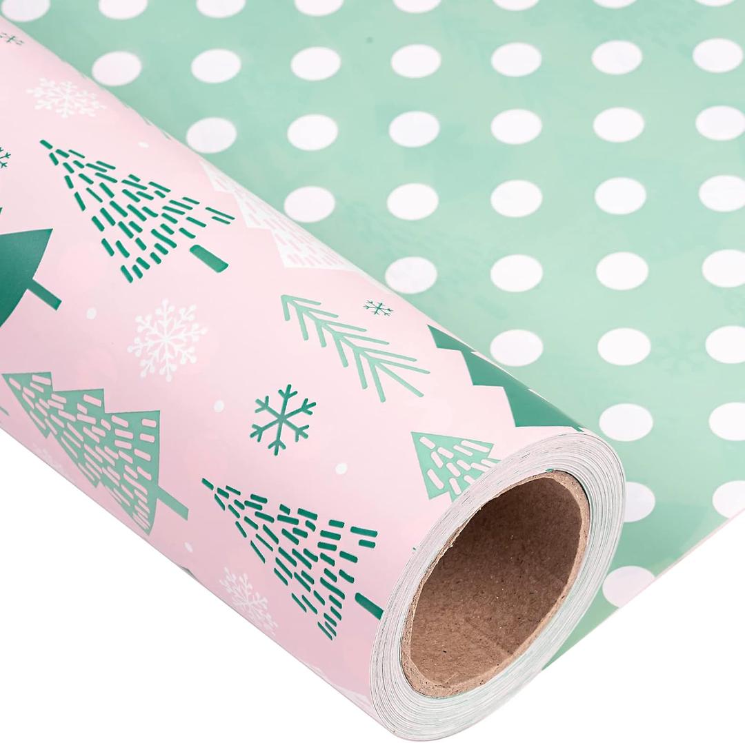 LeZakaa Christmas Pink Wrapping Paper Jumbo Roll for Kids Girls, Pink Forest Christmas Tree & Mint Polka Dot Reversible Design for Festive Holiday, Family Gathering, 24 inches x 100 Feet