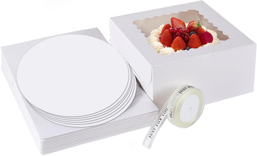 12pcs 10x10x5 Inches Cake Boxes,6pcs White Boxes and 6pcs Boards,Cajas Pasteles for Disposable 10 inch Cake box with Window (White, 10 * 10 * 5inch/12pcs)