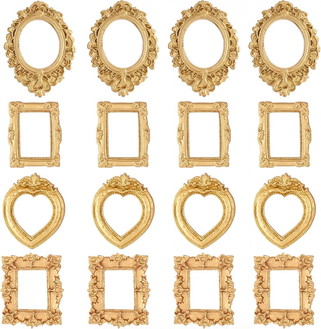 16Pcs Mini Resin Picture Frames, Antique Tiny Gold Frames for Jewelry Display, Vintage Small Picture Frame for DIY Photo Crafts Holiday Party Wedding Decor