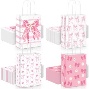 Cholemy 50 Pcs Pink Bow Gift Bags Bulk with Handles Coquette Party Favors Candy Goodie Kraft Paper Bags for Birthday Bachelorette Bridal Shower Engagement Party Supplies, 5.91 x 3.15 x 8.27 Inches