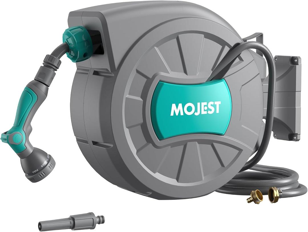 Mojest Retractable Garden Hose Reel - 1/2 in x 100 ft Wall Mounted Heavy Duty Water Hose Reel with Automatic Slow Rewind System, 2 Hose Nozzle, 180Swivel Bracket, Dark Gray