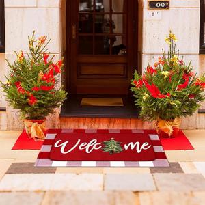Tinideya 2 Pcs Christmas Doormats Xmas Tree Welcome Outdoor Door Mats Red and White Layered Front Door Rugs Non Slip Floor Mats for Holiday Porch Entryway Indoor Outdoor