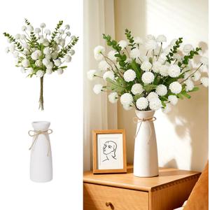 12pcs White Artificial Flowers with White Ceramic Vase Included,Faux Flowers for Vase,Table Centerpieces for Dining Room Eucalyptus Faux Chrysanthemum Mums Silk Flowers Floral Arrangements Home Decor