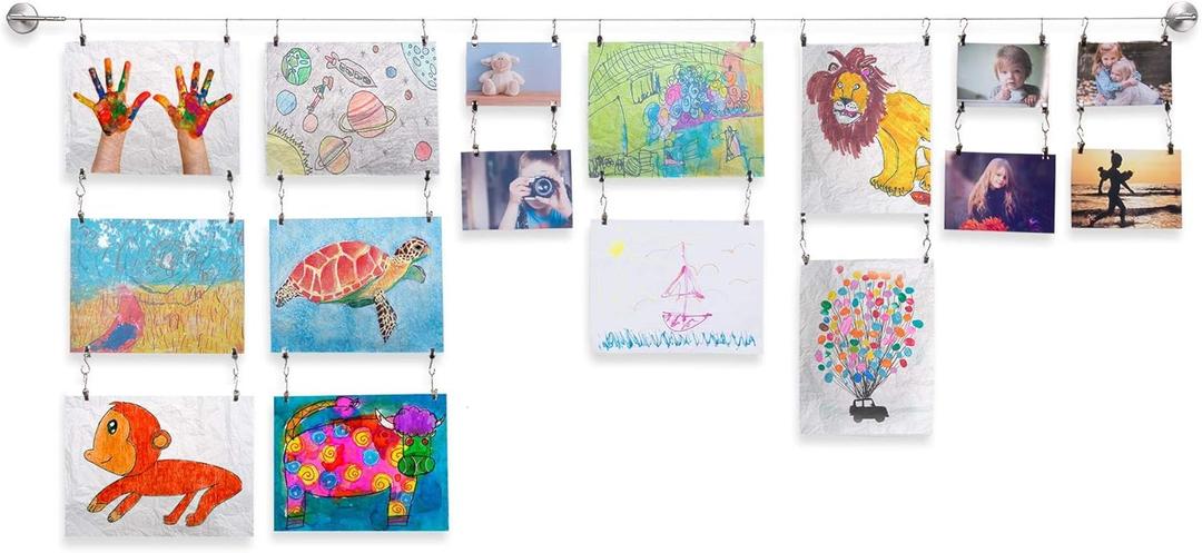 Wallniture Barre Wire Picture Hangers for Kids Crafts and Artwork, Expandable 196 Inch Wall Decor with 24 Clips Set, Silver