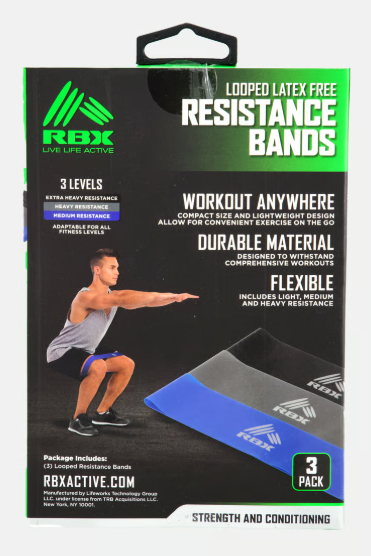 RBX Looped Latex Free Resistance Bands 3 Levels 3 Pack