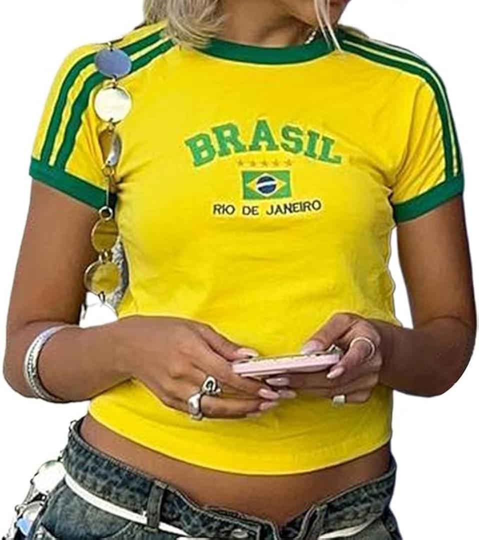 Vintage Graphic Baby Tees for Women Brazil Shirt Y2k Tops Baby Crop Tees 90s Summer Going Out Tops Streetwear Shirts (Small, Yellow)