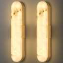 Gold Alabaster Wall Sconces Set of Two 20" Natural Marble LED Wall Lights, Mid Century Marble Wall Lamp Bathroom Vanity Indoor Alabaster Wall Lighting Fixtures for Bedroom Hallway Stairs