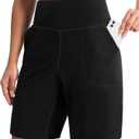 Cyasundent Women's 9" Bermuda Shorts with Zipper Pocket Knee Length High Waisted Shorts for Women Casual Walking Yoga Workout(Black_L)