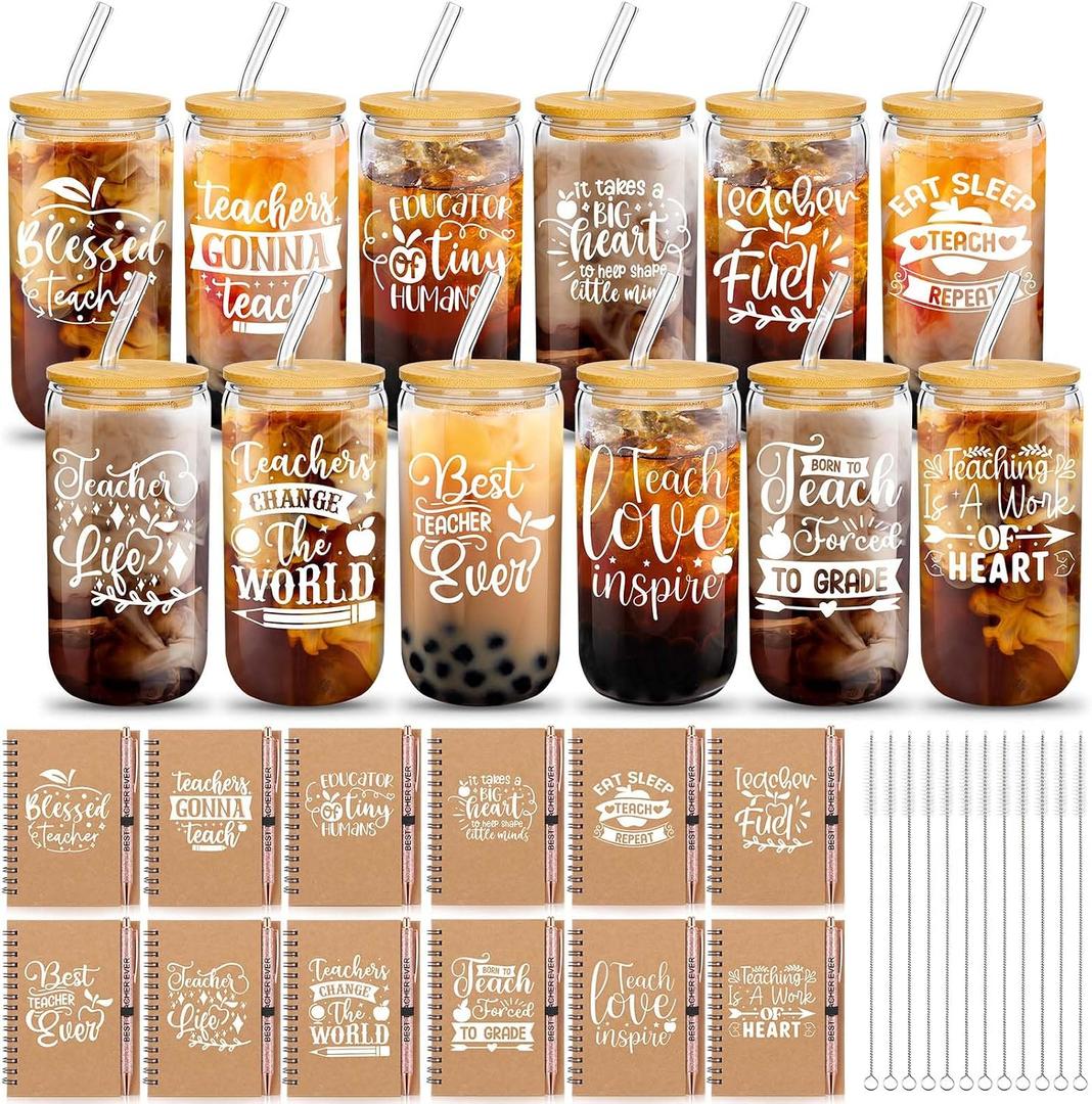 Skylety 36 Pcs Teacher Appreciation Gift Set for Women Thank You Inspirational 16 Oz Glass Cup with A6 Journal Notebook and Glitter Ballpoint Pen for Christmas Graduation School Supplies(Fresh)